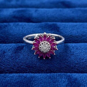 Sterling 925 Silver Ruby & CZ-Diamond Flower Spinner Ring, July Birthstone, Anniversary Gift for Her