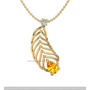May include: A gold necklace featuring a pendant with a series of curved, open-work metal lines arranged in a fan-like shape. A single clear round gemstone sits at the top, and a pear-shaped yellow gemstone is set at the bottom of the gold structure.