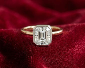 Sterling 925 Silver Bezel-Set Asscher-Cut Lab-Grown Moissanite Solitaire Ring, Minimalist Bridal Jewelry, Wedding Gift