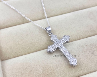 Sterling 925 Silver Dainty CZ-Diamond Holy Cross Unisex Pendant, Religious Baptism Gift, Christian Jewelry