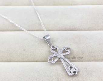 Naszyjnik z kwiatowym krzyżem z cyrkoniami i diamentami ze srebra próby 925 dla kobiet, biżuteria religijna, wisiorek z wiarą chrześcijańską
