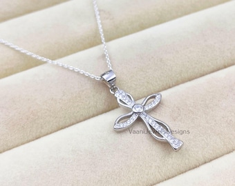 Naszyjnik z krzyżem w stylu nieskończoności ze srebra próby 925 z cyrkoniami i diamentami, elegancka biżuteria chrześcijańska, religijny prezent na chrzest