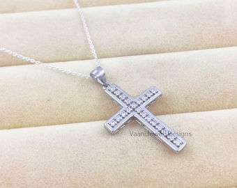 Sterling 925 Silver CZ-Diamond Cross Pendant, Faith Necklace, Baptism Gift, Christian Jewelry for Men