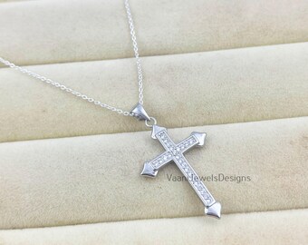 Sterling 925 Silver Arrow Edge Holy Cross Necklace, CZ-Diamond Pendant, Fashion Jewelry, Everyday Gift