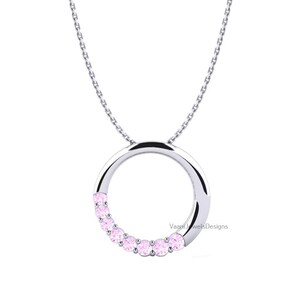 Pink Sapphire Open Circle Necklace Pendant, Modern Sterling 925 Silver Jewelry, Women Anniversary Gift