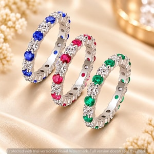 Colorful Gemstone Eternity Ring, Sapphire Ruby Emerald Moissanite Band, 925 Sterling Silver Wedding Gift