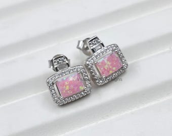 Sterling 925 Silver Pink Opal Halo Stud Earring, Wedding Guest Jewelry, Gift for Women