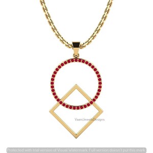 May include: A gold necklace featuring a pendant with a circular frame set with small red stones, overlapping a gold diamond-shaped frame. The pendant hangs from a gold box chain. The text VaaniJewelsDesigns is visible on the lower right side.