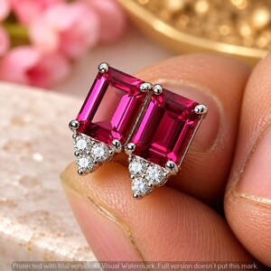 Ohrstecker aus 925er Sterlingsilber mit smaragdgeschliffenen, im Labor hergestellten Rubinen und Zirkonia, Geburtsstein-Schmuck für Juli, Geschenk zum Jahrestag