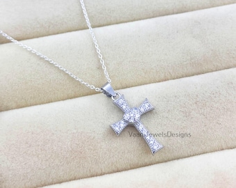 Sterling 925 Silver Pave CZ-Diamond Holy Cross Christian Pendant, Minimalist Faith Jewelry, Women's Gift