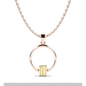 May include: A rose gold necklace featuring a circular pendant with a single vertical baguette-cut light yellow gemstone set at the bottom. The pendant hangs from a delicate rose gold chain. The text Vaani Jewels Designs is visible at the base.