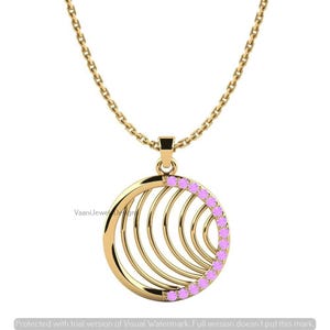 May include: A gold necklace featuring a circular pendant with a series of concentric curved lines. One side of the circular frame is embellished with a row of small, round, light pink gemstones. The pendant hangs from a delicate gold chain.