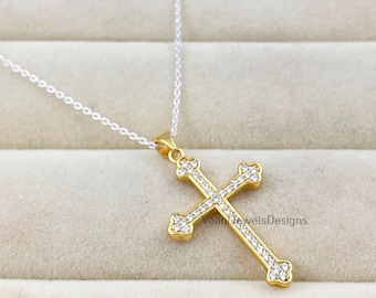 Naszyjnik z krzyżem z białego złota próby 14k z cyrkoniami i diamentami, wisiorek religijny, delikatna biżuteria modlitewna, prezent dla chłopaka