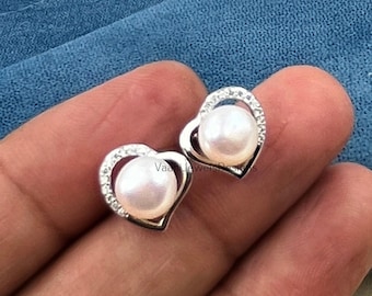 Sterling 925 Silver Classics Pearl & CZ-Diamond Heart Stud Earrings, Women's Fashion Jewelry, Mom Gift