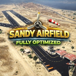 Puede incluir: Vista aérea de Sandy Airfield, con una gran hélice en el centro. El texto "SANDY AIRFIELD" es dorado y "FULLY OPTIMIZED" es verde. El aeródromo tiene una pista, hangares y una manga de viento.