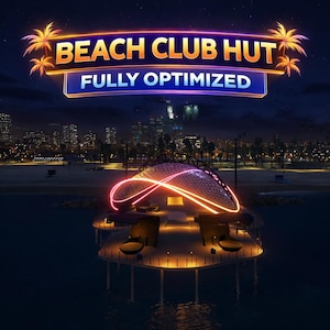 以下が含まれることがあります： ネオンサインで「BEACH CLUB HUT」と「FULLY OPTIMIZED」と書かれたビーチクラブの夜景。カーブした屋根と屋外席を備えたクラブは、桟橋の上に建てられています。背景には、夜空の下の街並みとヤシの木が描かれています。