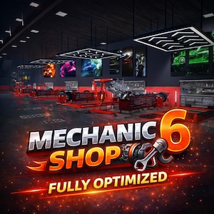 Può includere: Interno di un'officina meccanica con banchi da lavoro e attrezzature rosse. L'immagine presenta il testo "MECHANIC SHOP 6" in 3D, con "FULLY OPTIMIZED" sotto. Le pareti sono decorate con immagini a tema automobilistico.