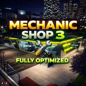 Pode incluir: Uma imagem iluminada de uma oficina mecânica à noite, com o texto "MECHANIC SHOP 3" em ouro e branco. As palavras "FULLY OPTIMIZED" estão abaixo da oficina. Duas chaves cruzadas estão no centro.