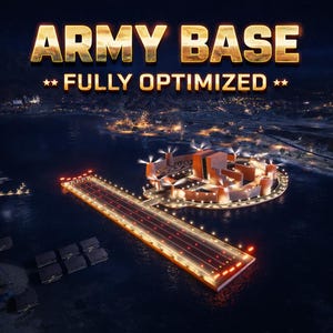 Peut inclure: Une image numérique d'une base militaire de nuit. Les mots "ARMY BASE" sont en or, avec "** FULLY OPTIMIZED **" en dessous. La base comprend une piste d'atterrissage, des bâtiments et des lumières, sur fond de ciel bleu foncé et d'eau.
