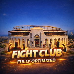 Könnte beinhalten: Ein digitales Bild eines großen, kreisförmigen Gebäudes mit den Worten "FIGHT CLUB" und "FULLY OPTIMIZED" in Gold. Das Gebäude hat ein klassisches Design mit gewölbten Eingängen und einer kreisförmigen oberen Ebene. Silhouetten muskulöser Figuren flankieren den Text.