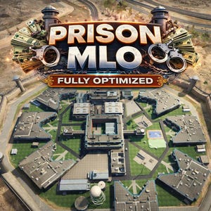 Puede incluir: Vista aérea de un complejo penitenciario con el texto "PRISON MLO" en una fuente estilizada. La imagen incluye montones de dinero, esposas y las palabras "FULLY OPTIMIZED". La prisión tiene varios edificios y un patio central.