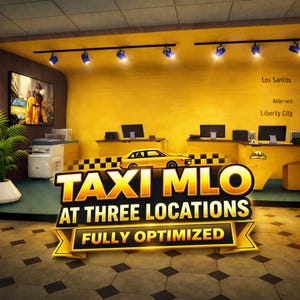 Puede incluir: Un modelo de taxi amarillo se encuentra sobre un patrón de cuadros negros y amarillos, con el texto "TAXI MLO AT THREE LOCATIONS FULLY OPTIMIZED". El interior presenta monitores de computadora, una pantalla grande y los nombres de las ciudades Los Santos, Alderney y Liberty City.