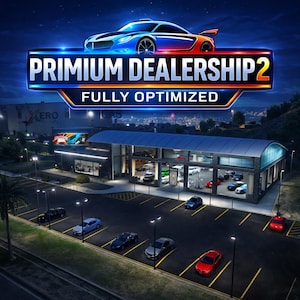 Puede incluir: Imagen iluminada de un concesionario de automóviles por la noche. El letrero dice "PRIMIUM DEALERSHIP 2" con "FULLY OPTIMIZED" debajo. Los coches están aparcados frente al edificio, y un gráfico de coche estilizado está en la parte superior. El cielo es azul oscuro con estrellas.