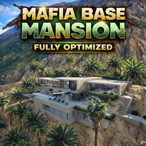 Peut inclure: Une villa moderne avec le texte "MAFIA BASE MANSION" et "FULLY OPTIMIZED" sur fond de montagnes et de palmiers. Deux fusils sont positionnés au-dessus du texte. La villa dispose d'une piscine et de sièges extérieurs.