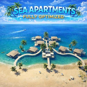 Könnte beinhalten: Luftaufnahme eines tropischen Resorts mit dem Text "SEA APARTMENTS" und "FULLY OPTIMIZED". Das Resort verfügt über mehrere Bungalows, die durch Stege über türkisfarbenem Wasser verbunden sind, umgeben von Palmen und einem Sandstrand.
