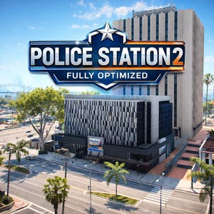 Pode incluir: Uma representação arquitetônica de uma delegacia de polícia com o texto "POLICE STATION 2 FULLY OPTIMIZED" em uma faixa azul e branca. O edifício é moderno, com uma estrutura alta e retangular e uma fachada inferior mais detalhada. Palmeiras alinham a rua.