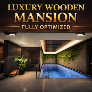 Puede incluir: Vista interior de una lujosa mansión de madera con piscina. La piscina tiene agua azul y está rodeada de plantas verdes. El texto "LUXURY WOODEN MANSION FULLY OPTIMIZED" se muestra en letras doradas.