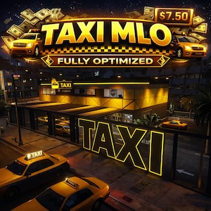 Puede incluir: Ilustración digital con la inscripción "TAXI MLO FULLY OPTIMIZED" y un gráfico de taxi. La imagen presenta taxis amarillos, una parada de taxis y un paisaje urbano nocturno con símbolos de dinero.