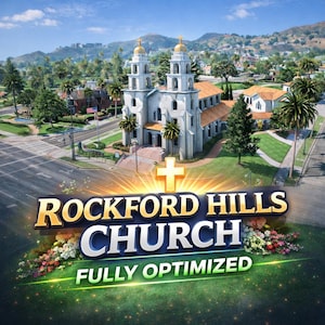 Puede incluir: Vista aérea de una iglesia con dos campanarios y cúpulas doradas. El texto "ROCKFORD HILLS CHURCH" se muestra con un símbolo de cruz, y las palabras "FULLY OPTIMIZED" están debajo. La escena está ambientada en un entorno suburbano soleado.