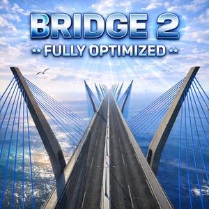 Puede incluir: Imagen digital de un puente atirantado con una larga carretera que se extiende en la distancia. El cielo es azul con nubes y el texto "BRIDGE 2 FULLY OPTIMIZED" se muestra en la parte superior. El puente tiene cables de soporte azules.