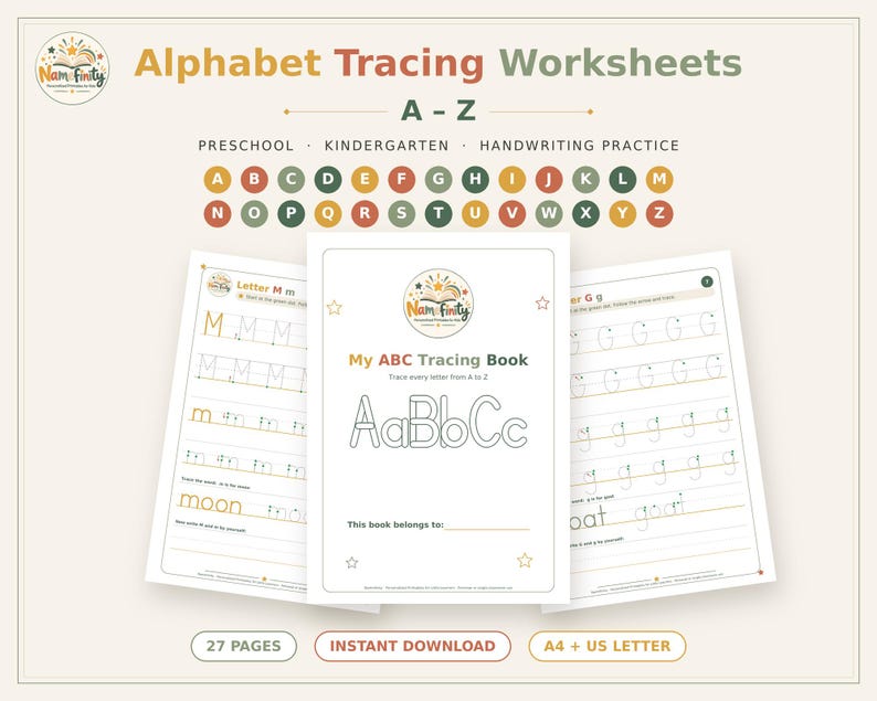 Alphabet Tracing Worksheets A-Z, ABC Handwriting Practice, Preschool ...