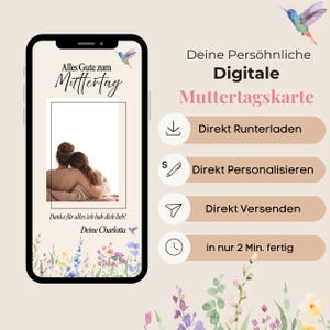 Può includere: Una cartolina digitale per la festa della mamma visualizzata su uno smartphone. La cartolina presenta testo in tedesco, un colibrì ad acquerello e un bordo floreale. La cartolina include il testo "Alles Gute zum Muttertag" e "Danke für alles ich hab dich lieb!"