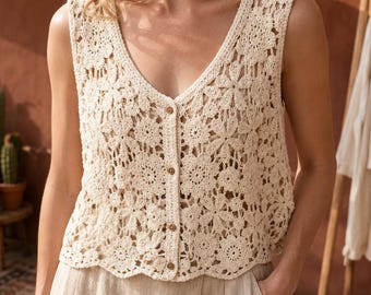 Chaleco de algodón color crudo hecho a crochet / Capa floral estilo boho para mujer / Top de verano hecho a mano