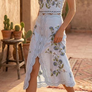 Embroidered Cotton Linen Skirt Set | Boho Floral Midi Dress | Summer And Spring Gift For Her