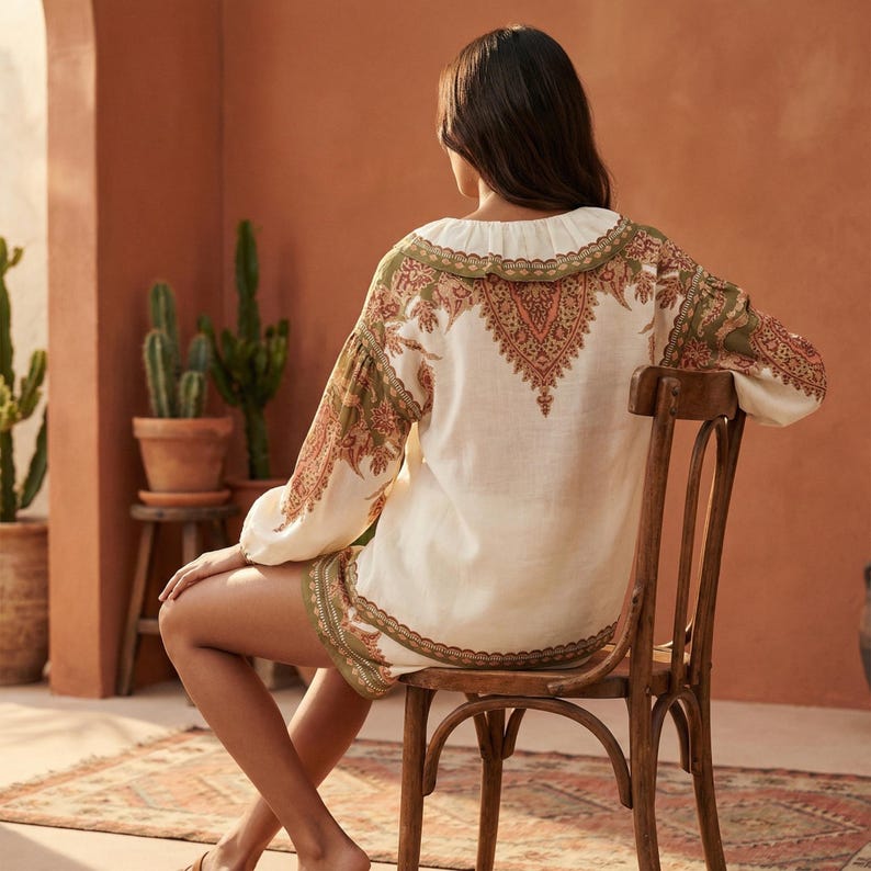 Boho Linen Shorts Set | Beaded Tencel Blouse Outfit | Summer and Spring Gift For Her image 6