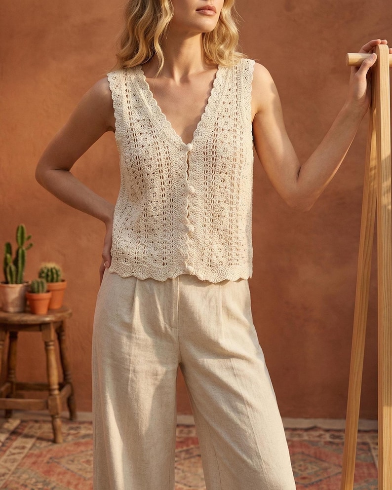 May include: Cream-colored crochet top with a V-neck and button closure. The sleeveless top has a scalloped edge and is paired with light beige linen pants. The outfit is styled in a neutral color palette.
