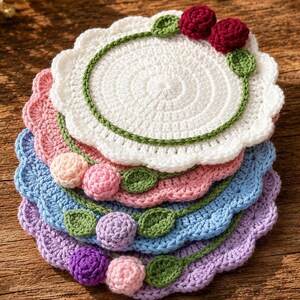Könnte beinhalten: Ein Stapel von fünf handgefertigten Häkeluntersetzern in verschiedenen Farben: Weiß, Rosa, Blau und Lila. Jeder Untersetzer hat einen gewellten Rand und ist mit gehäkelten Blumen und grünen Blättern verziert. Die Untersetzer sind auf einer Holzoberfläche gestapelt.