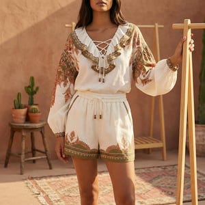 Boho Linen Shorts Set | Beaded Tencel Blouse Outfit | Summer and Spring Gift For Her image 2