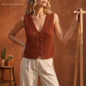 Chaleco de algodón de ganchillo / Top de punto estilo boho francés / Regalo de cumpleaños para ella