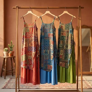 May include: Three patterned dresses hang on a wooden rack. Each dress has a patchwork design on the top layer and a solid-colored skirt. The dresses are in shades of red, blue, and green, with spaghetti straps and side slits.
