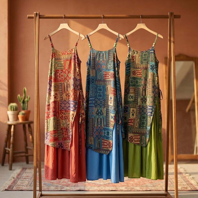 May include: Three patterned dresses hang on a wooden rack. Each dress has a patchwork design on the top layer and a solid-colored skirt. The dresses are in shades of red, blue, and green, with spaghetti straps and side slits.