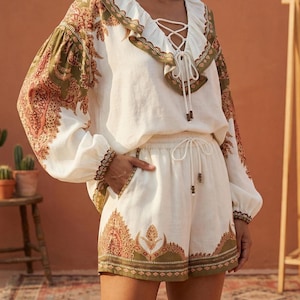 Boho Linen Shorts Set | Beaded Tencel Blouse Outfit | Summer and Spring Gift For Her image 1