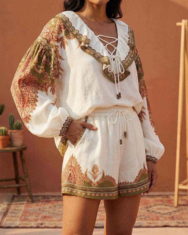 Boho Linen Shorts Set | Beaded Tencel Blouse Outfit | Summer and Spring Gift For Her image 1