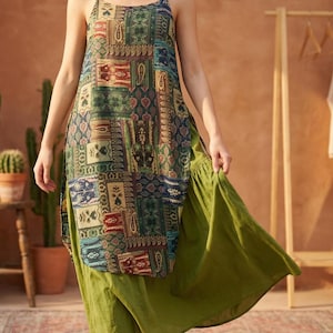 Boho Print Tencel Slip Dress | Artistic Vintage Midi | Travel Gift For Her Green