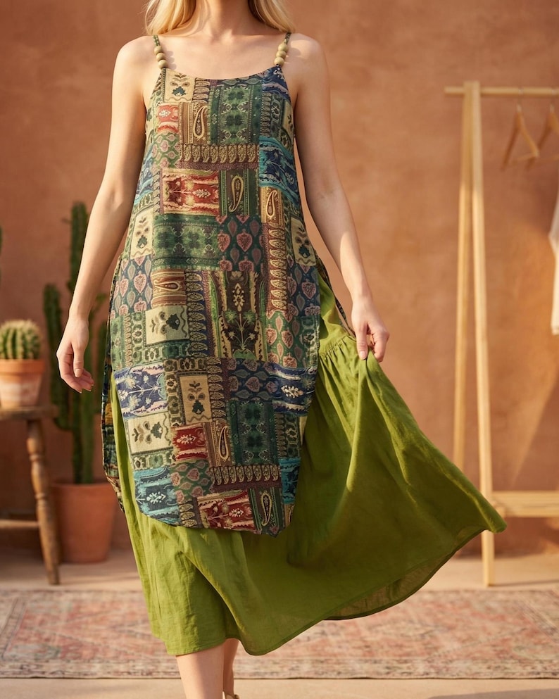 Boho Print Tencel Slip Dress | Artistic Vintage Midi | Travel Gift For Her Green
