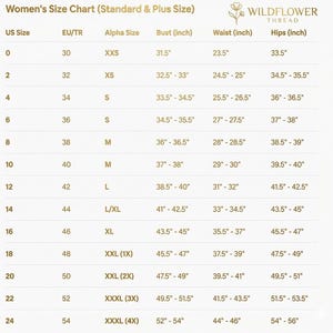 May include: A women's size chart with measurements in inches for bust, waist, and hips. Includes US, EU/TR, and Alpha sizes, ranging from size 0 to 24. The Wildflower Thread logo is at the top right.